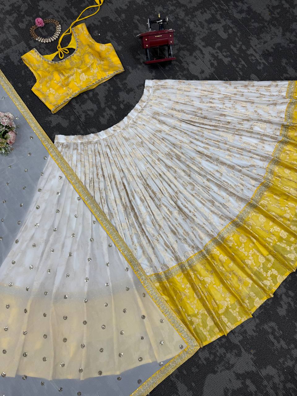 Off White-Yellow Color Designer Jacquard Wedding Wear Trendy Lehenga Choli