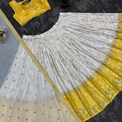 Off White-Yellow Color Designer Jacquard Wedding Wear Trendy Lehenga Choli
