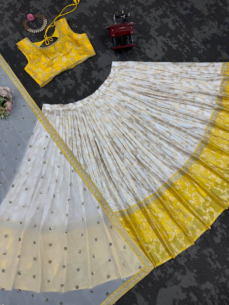 Off White-Yellow Color Designer Jacquard Wedding Wear Trendy Lehenga Choli