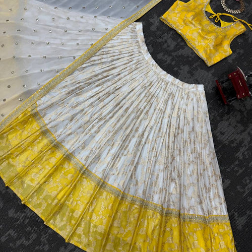 Off White-Yellow Color Designer Jacquard Wedding Wear Trendy Lehenga Choli
