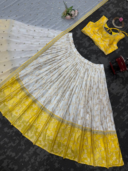 Off White-Yellow Color Designer Jacquard Wedding Wear Trendy Lehenga Choli