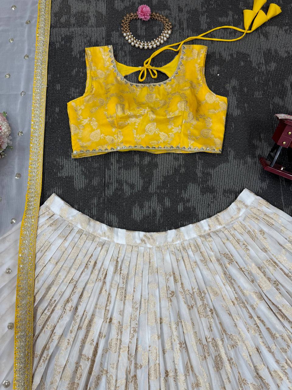 Off White-Yellow Color Designer Jacquard Wedding Wear Trendy Lehenga Choli