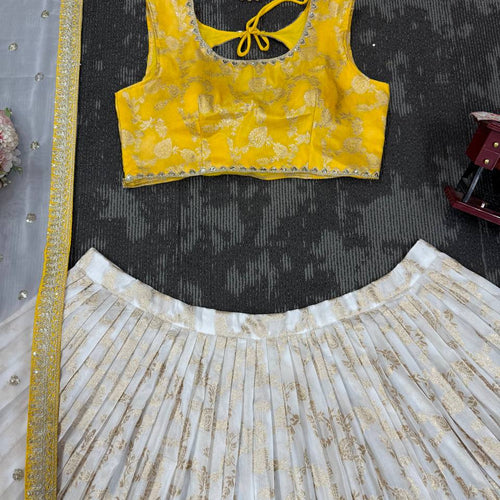 Off White-Yellow Color Designer Jacquard Wedding Wear Trendy Lehenga Choli