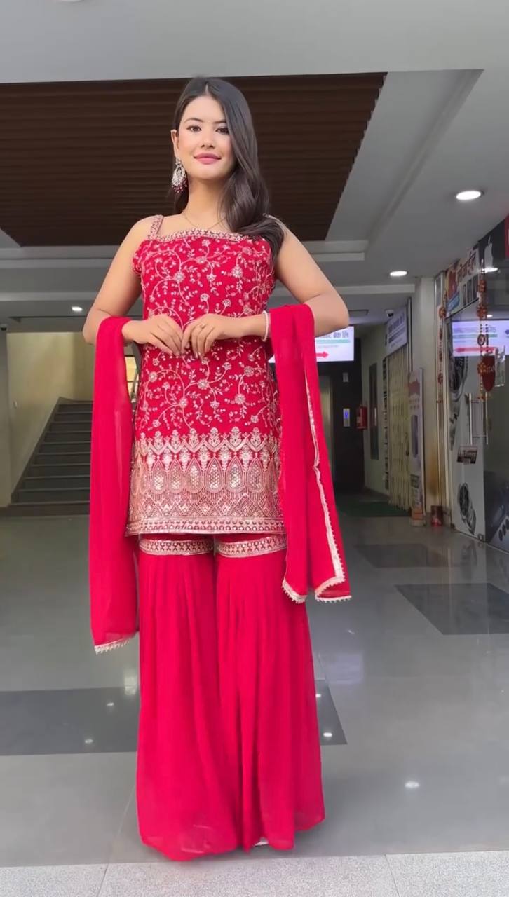 Red Color Thread with Sequins Work Sharara Suit
