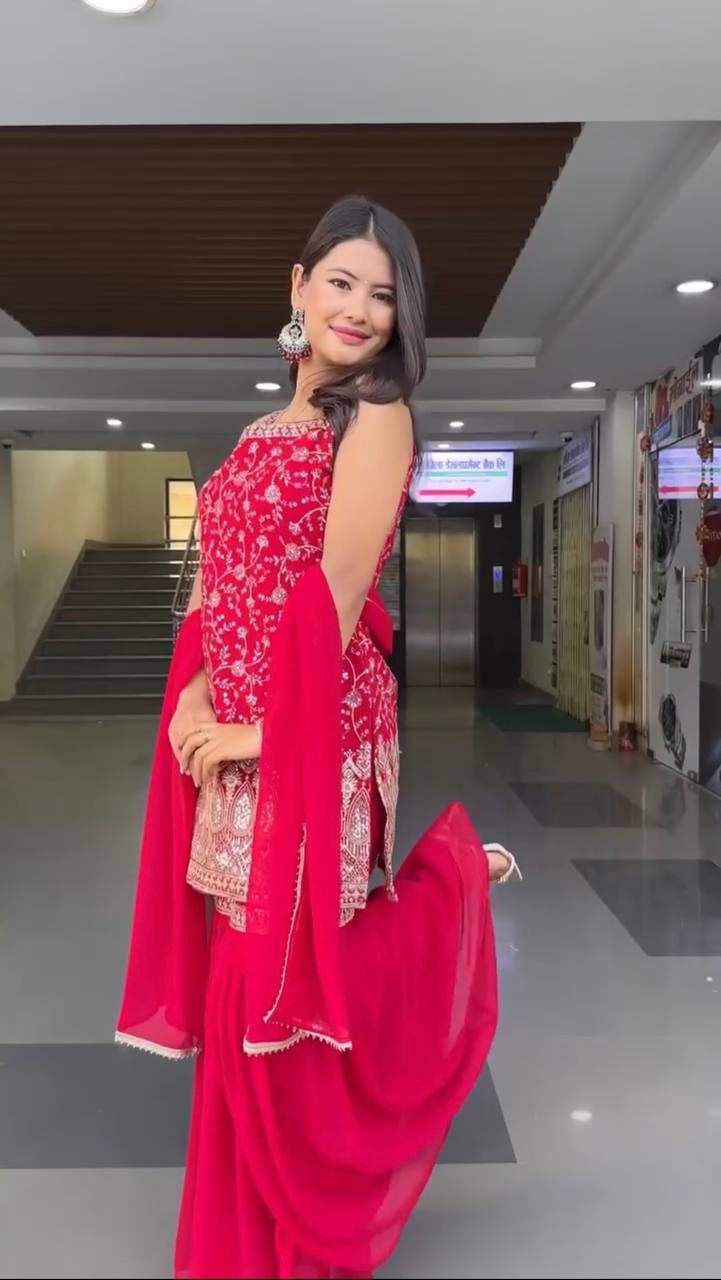 Red Color Thread with Sequins Work Sharara Suit