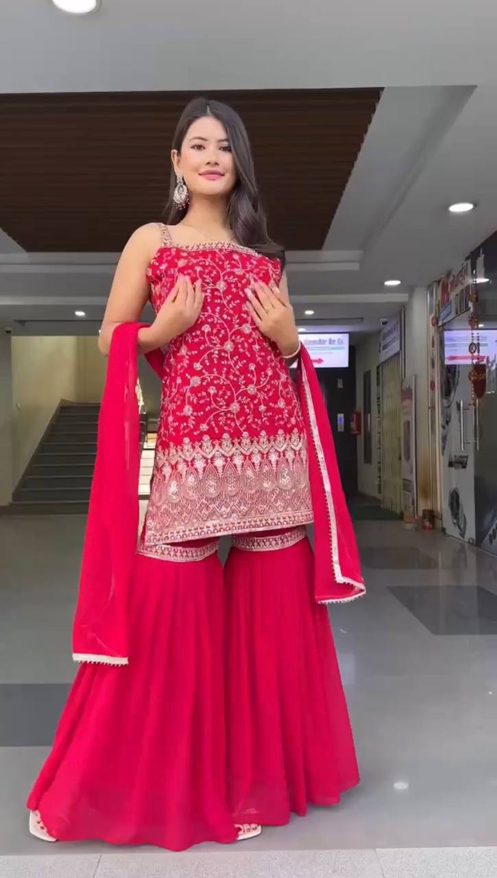 Red Color Thread with Sequins Work Sharara Suit