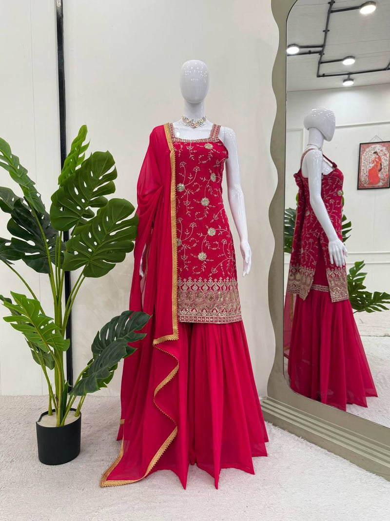 Red Color Thread with Sequins Work Sharara Suit