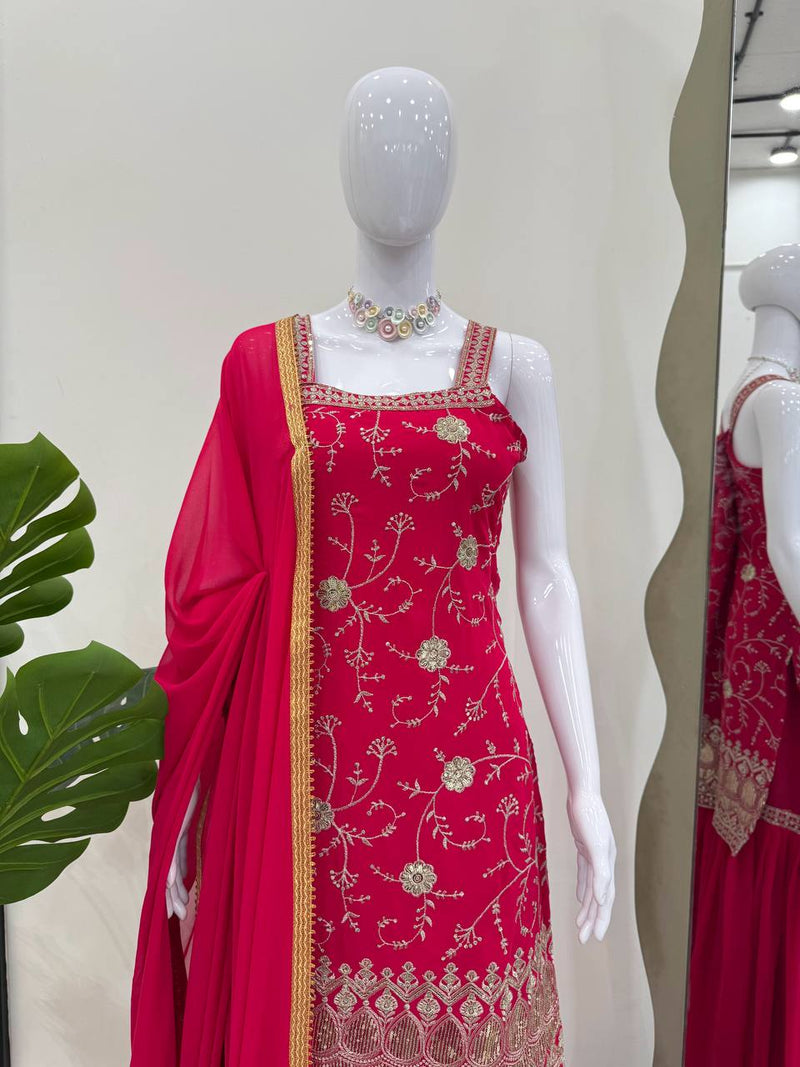 Red Color Thread with Sequins Work Sharara Suit