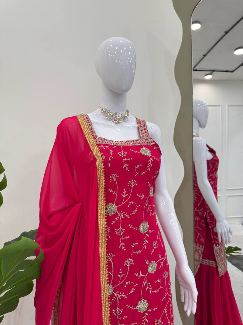 Red Color Thread with Sequins Work Sharara Suit