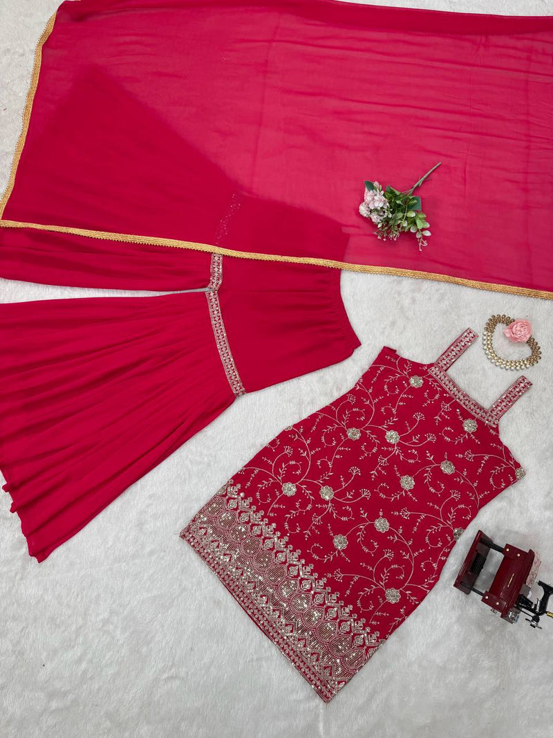 Red Color Thread with Sequins Work Sharara Suit