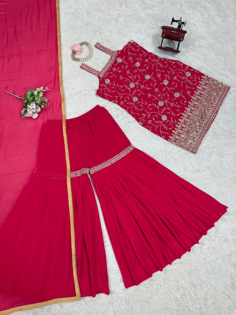 Red Color Thread with Sequins Work Sharara Suit