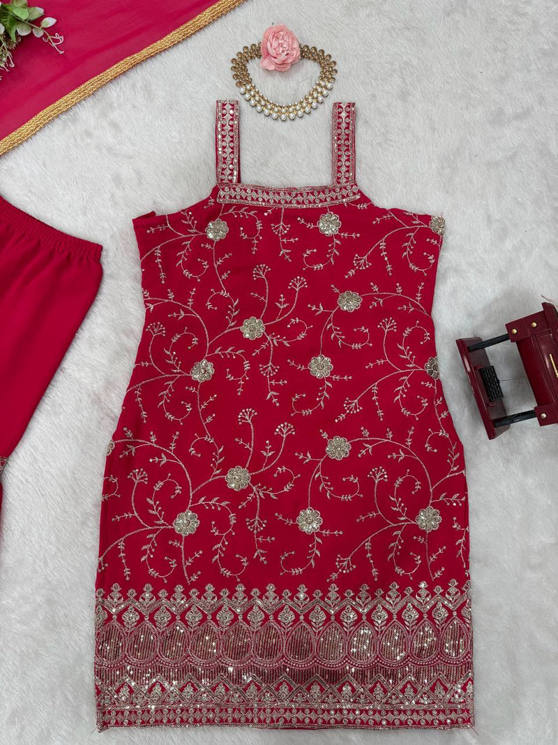 Red Color Thread with Sequins Work Sharara Suit