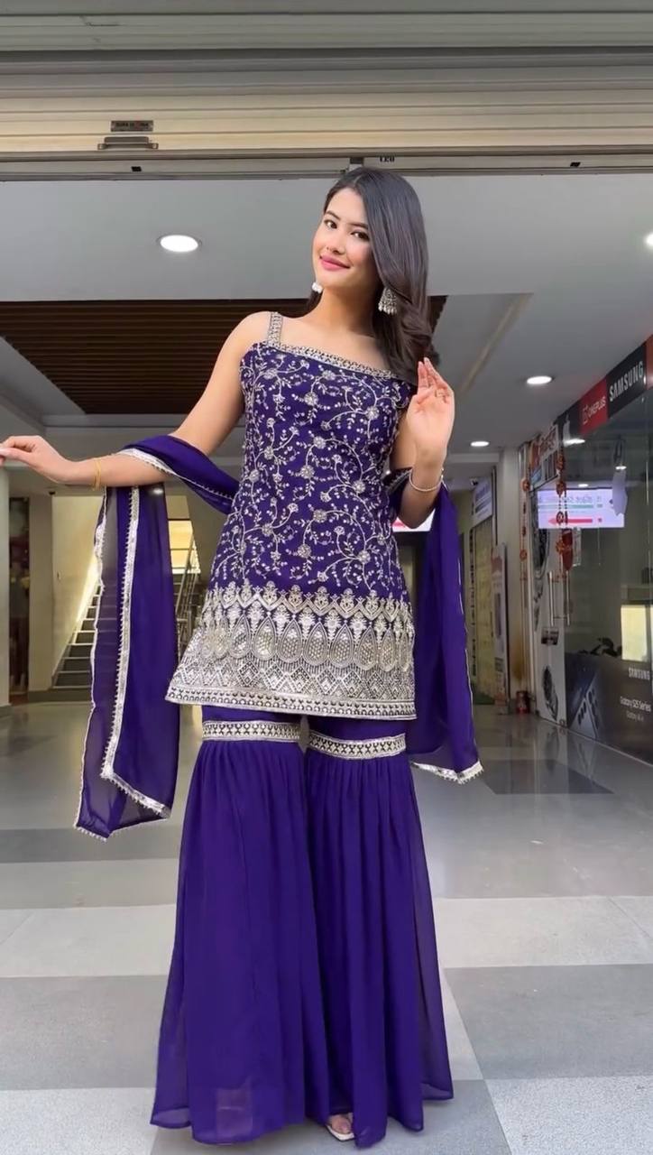 Purple Color Thread with Sequins Work Sharara Suit