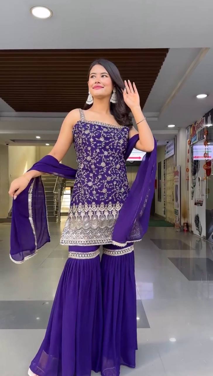Purple Color Thread with Sequins Work Sharara Suit