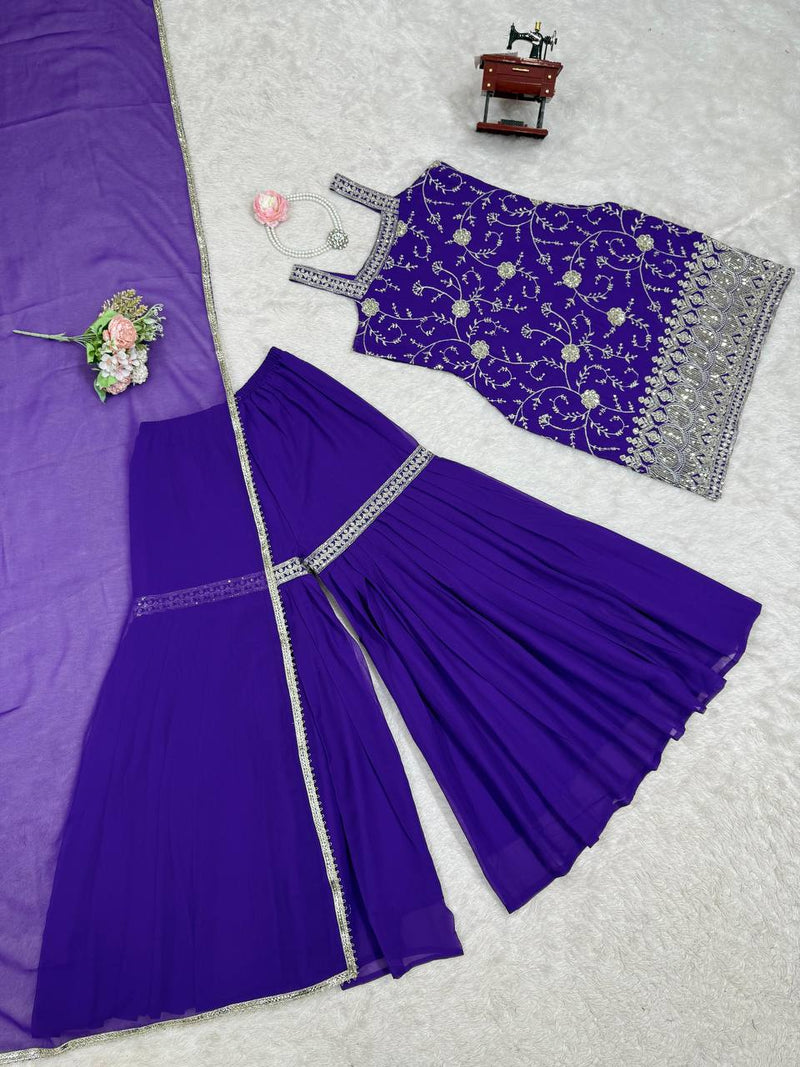 Purple Color Thread with Sequins Work Sharara Suit