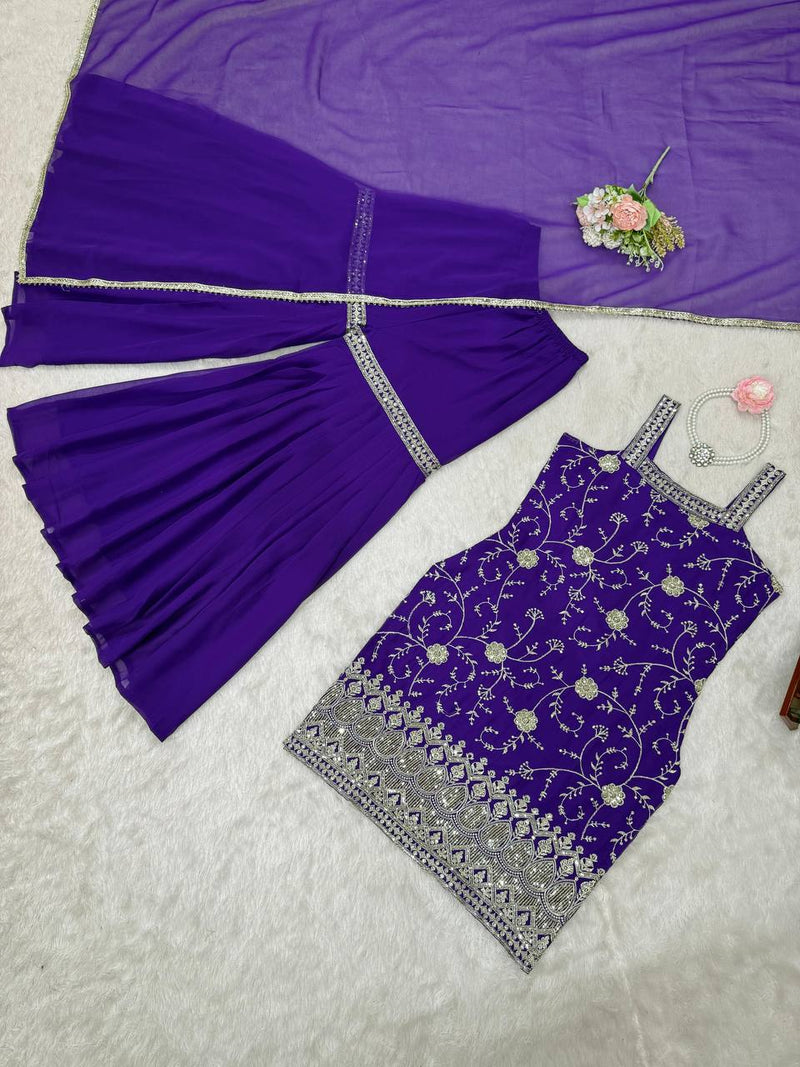 Purple Color Thread with Sequins Work Sharara Suit