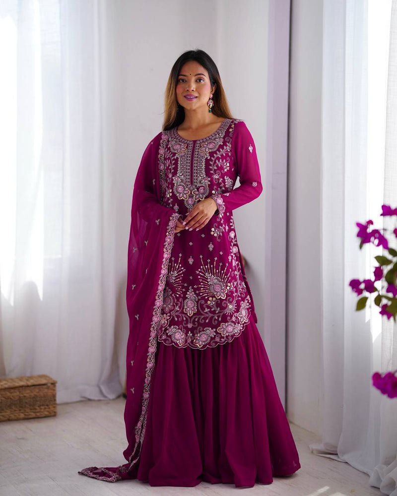 Dark Pink Color Thread with Sequins Work Sharara Suit