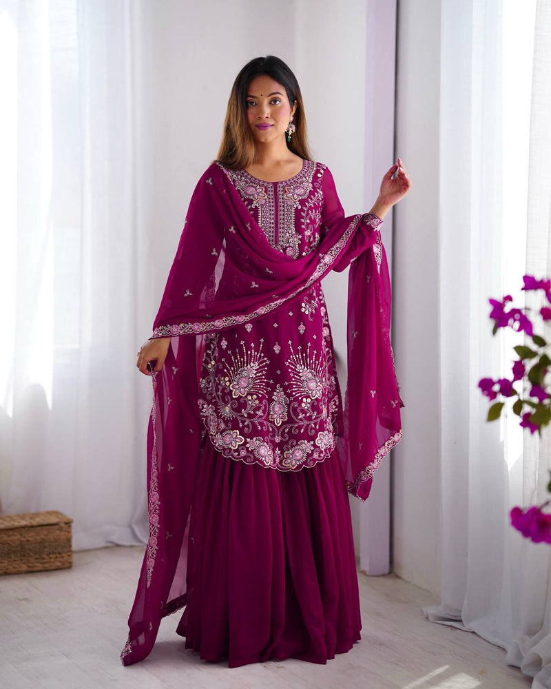 Dark Pink Color Thread with Sequins Work Sharara Suit