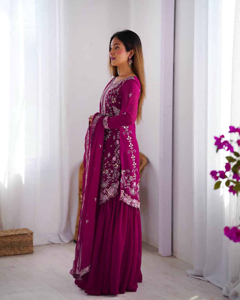 Dark Pink Color Thread with Sequins Work Sharara Suit