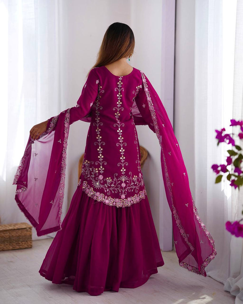 Dark Pink Color Thread with Sequins Work Sharara Suit