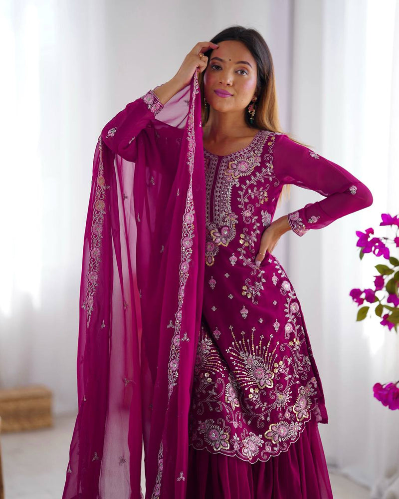 Dark Pink Color Thread with Sequins Work Sharara Suit