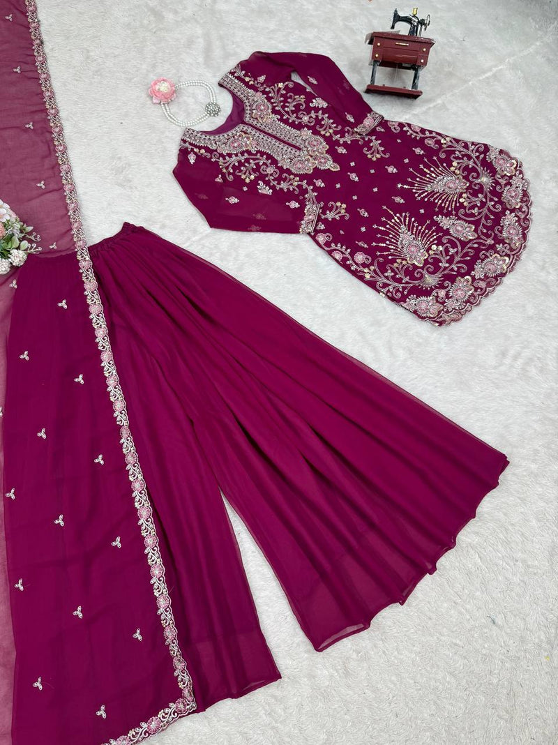 Dark Pink Color Thread with Sequins Work Sharara Suit