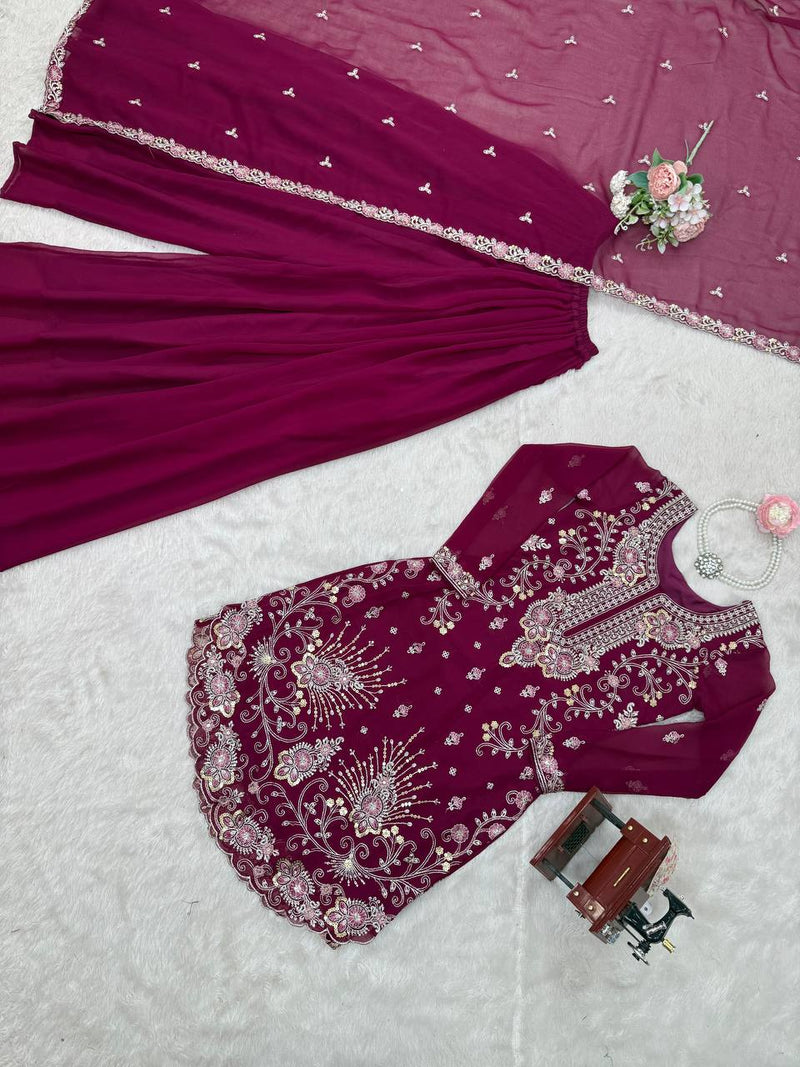 Dark Pink Color Thread with Sequins Work Sharara Suit