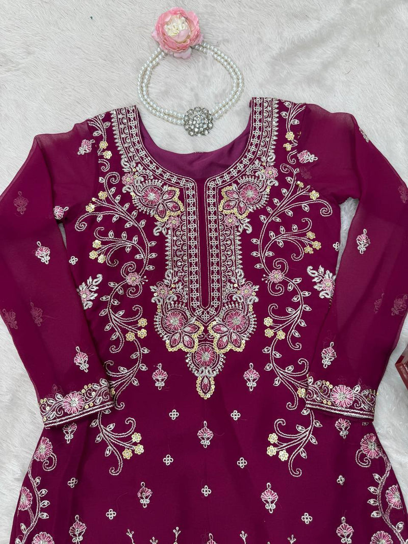 Dark Pink Color Thread with Sequins Work Sharara Suit