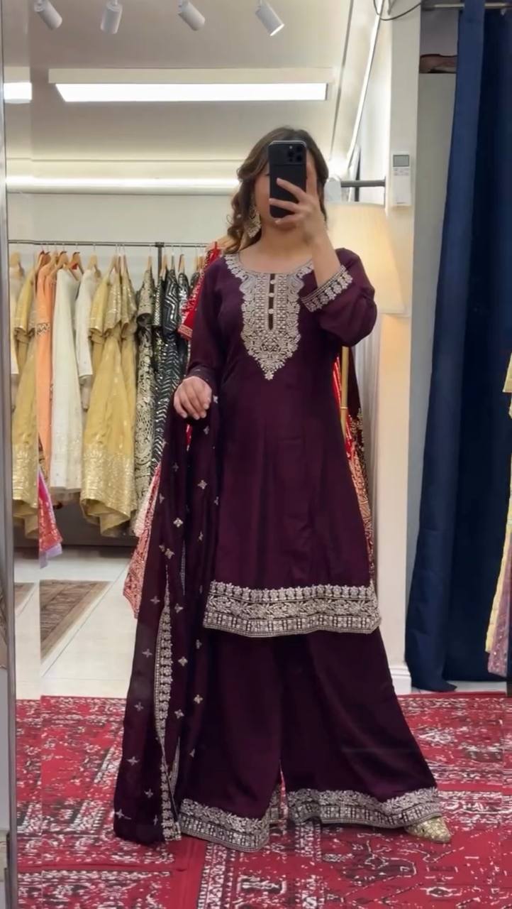 Wine Color Thread with Sequins Work Sharara Suit
