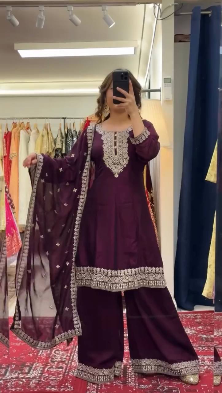 Wine Color Thread with Sequins Work Sharara Suit