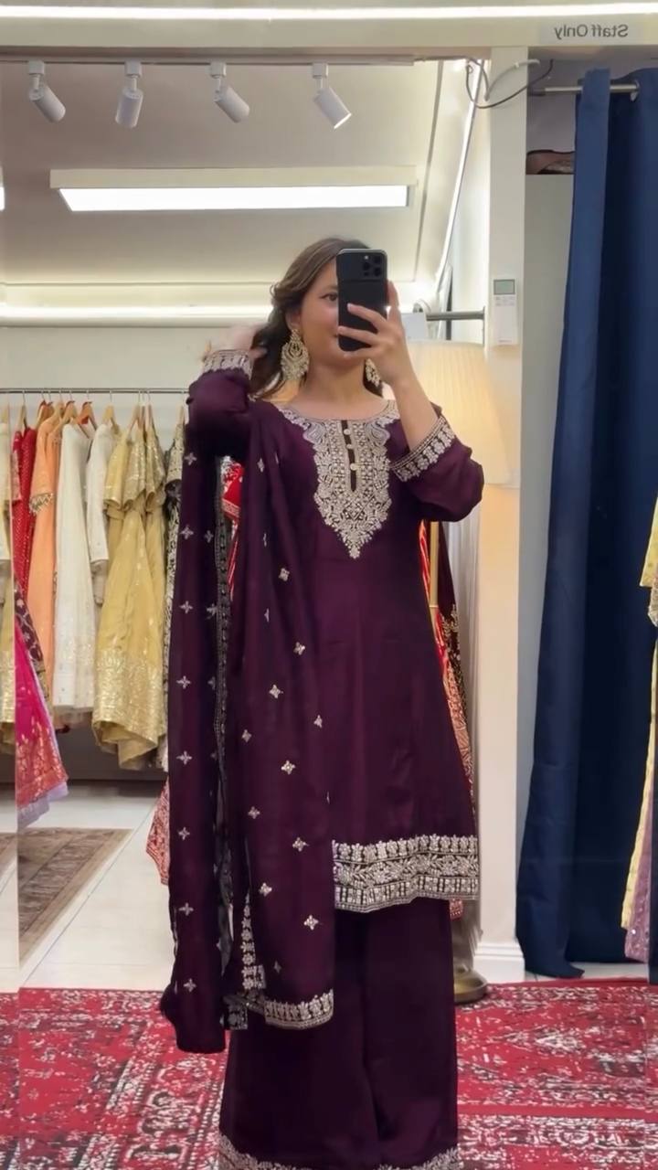 Wine Color Thread with Sequins Work Sharara Suit