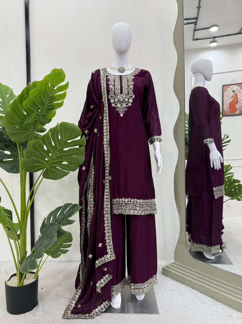 Wine Color Thread with Sequins Work Sharara Suit