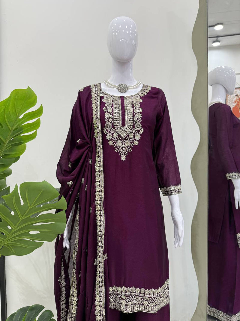 Wine Color Thread with Sequins Work Sharara Suit