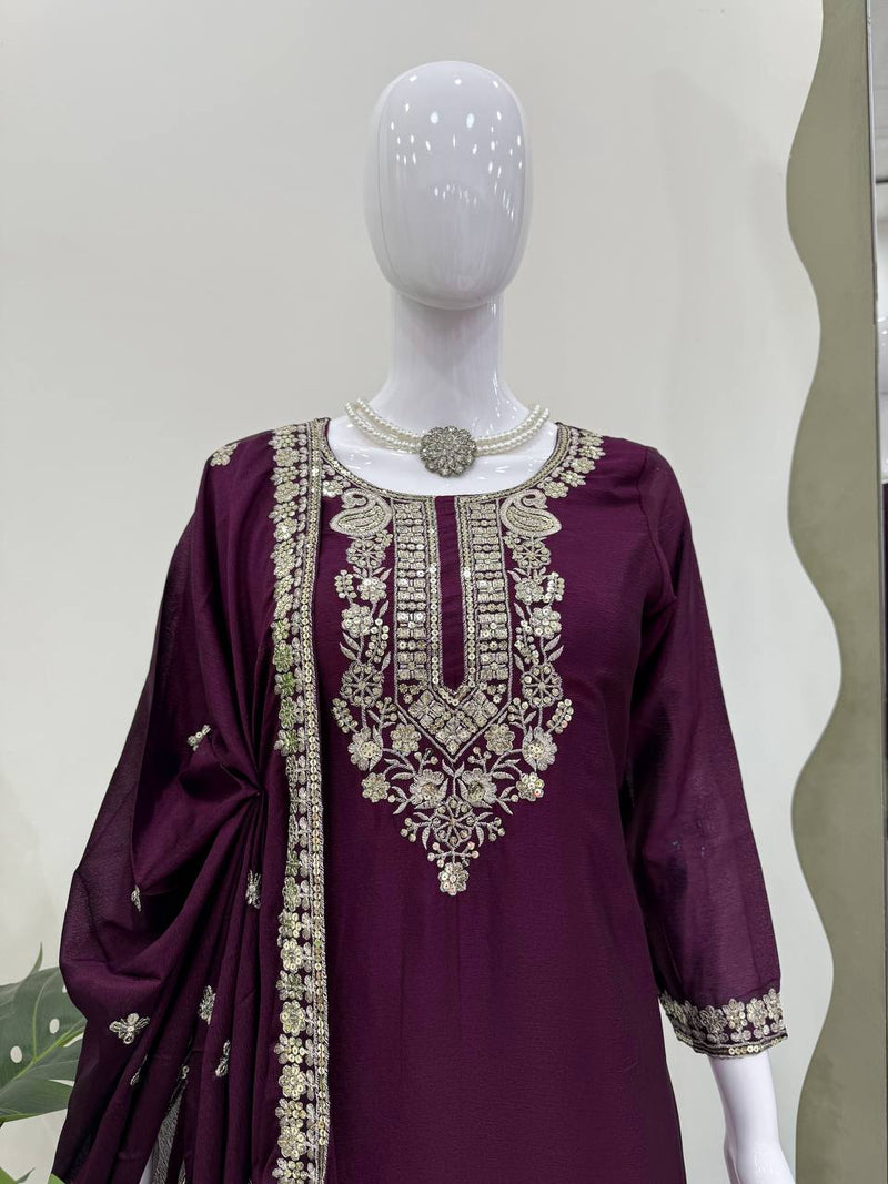 Wine Color Thread with Sequins Work Sharara Suit