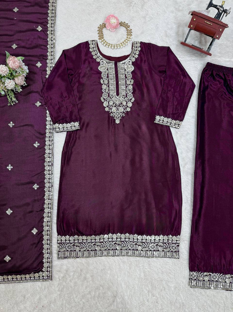Wine Color Thread with Sequins Work Sharara Suit