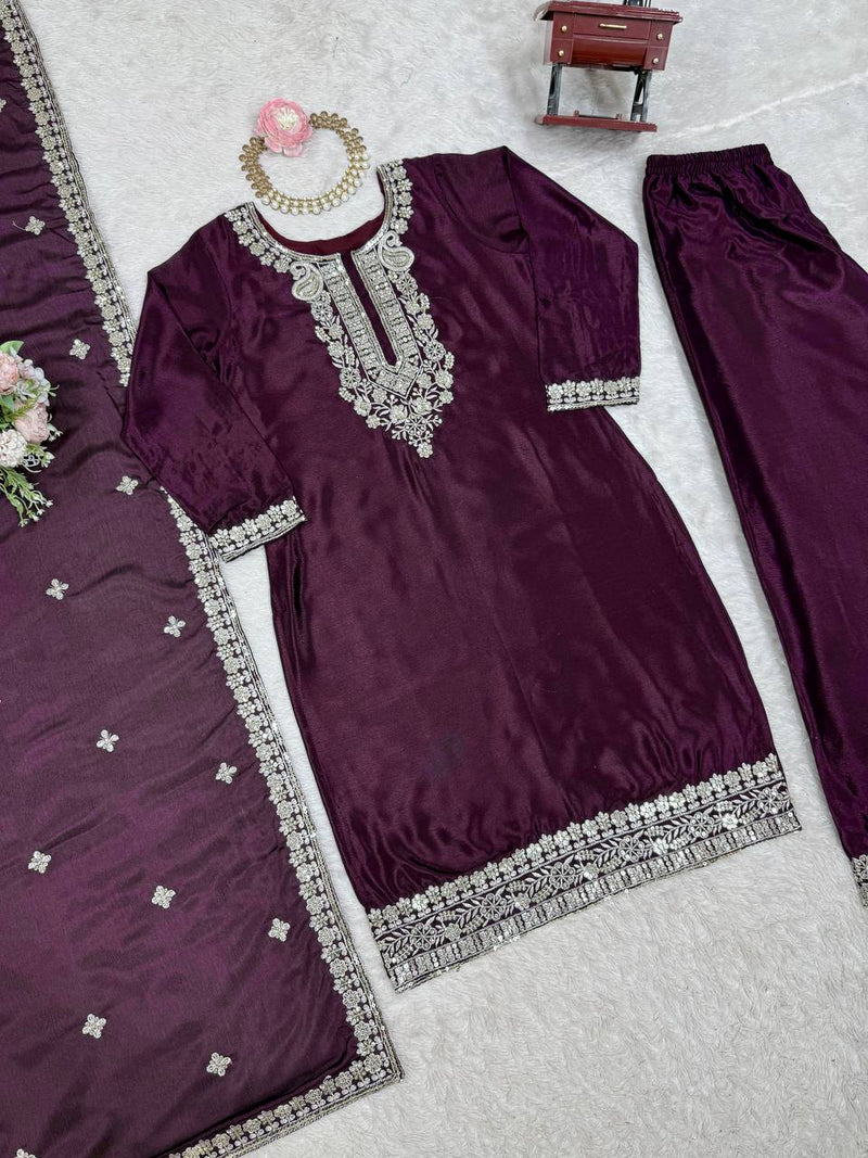Wine Color Thread with Sequins Work Sharara Suit