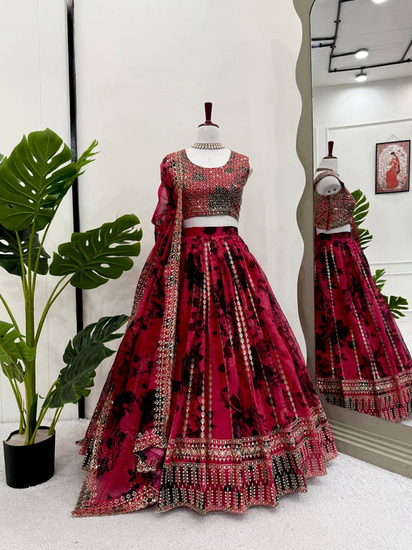 Red Color  with Digital Printed Thread with Sequins Work Lehenga Choli