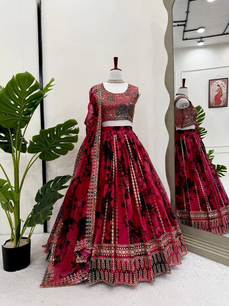 Red Color  with Digital Printed Thread with Sequins Work Lehenga Choli