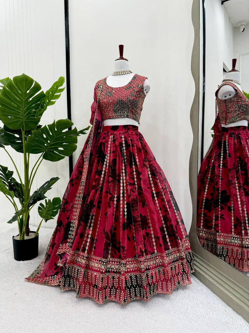 Red Color  with Digital Printed Thread with Sequins Work Lehenga Choli