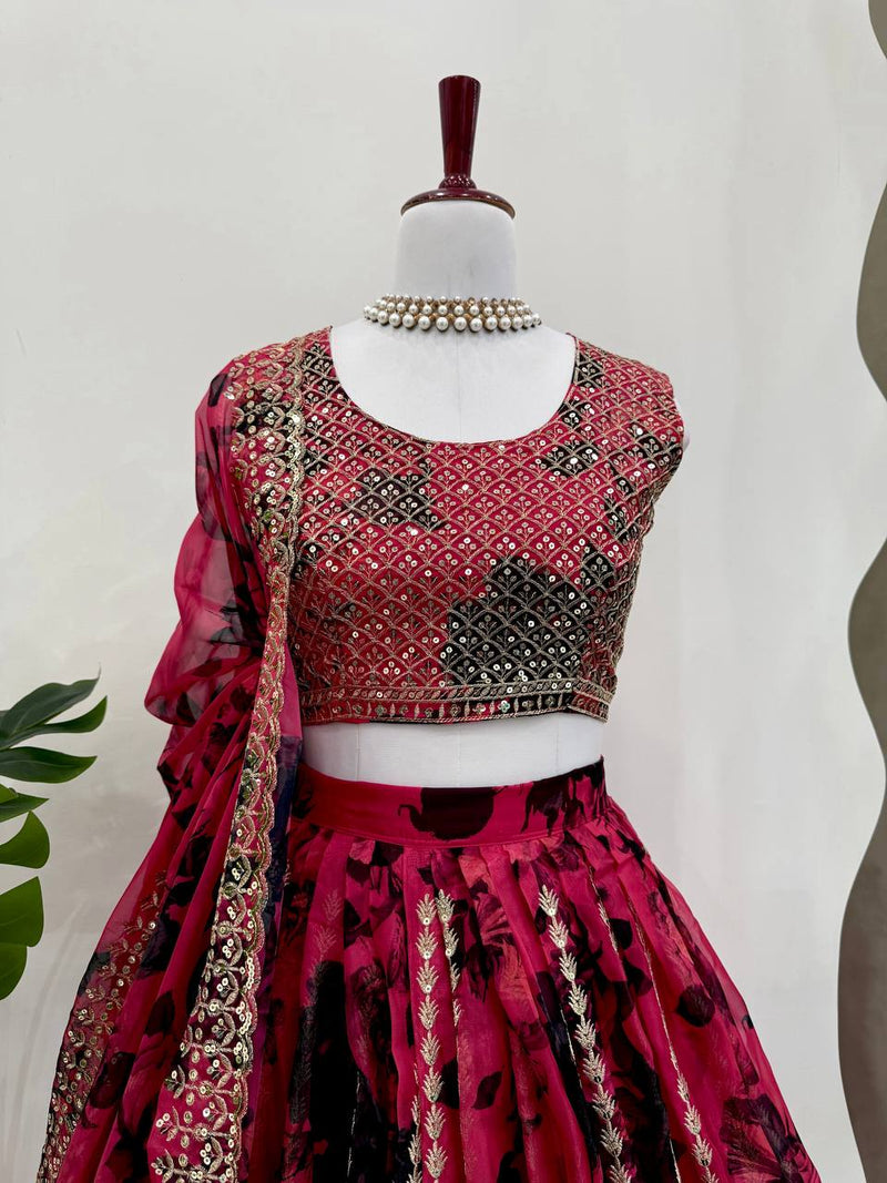 Red Color  with Digital Printed Thread with Sequins Work Lehenga Choli
