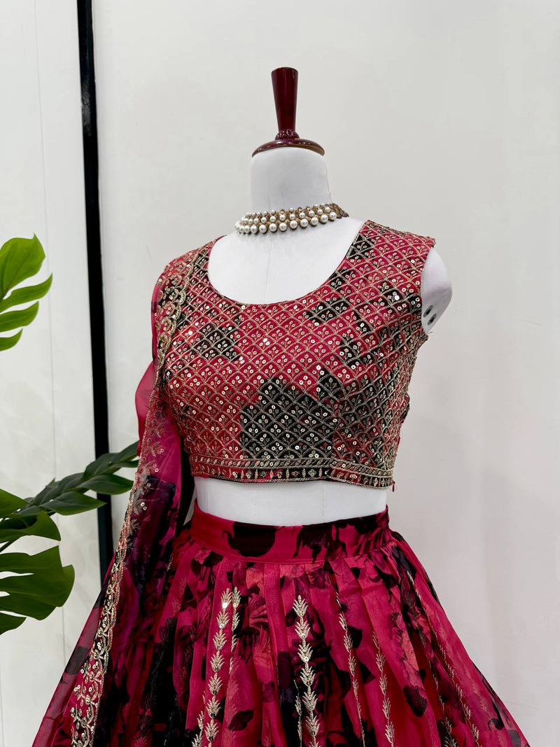 Red Color  with Digital Printed Thread with Sequins Work Lehenga Choli