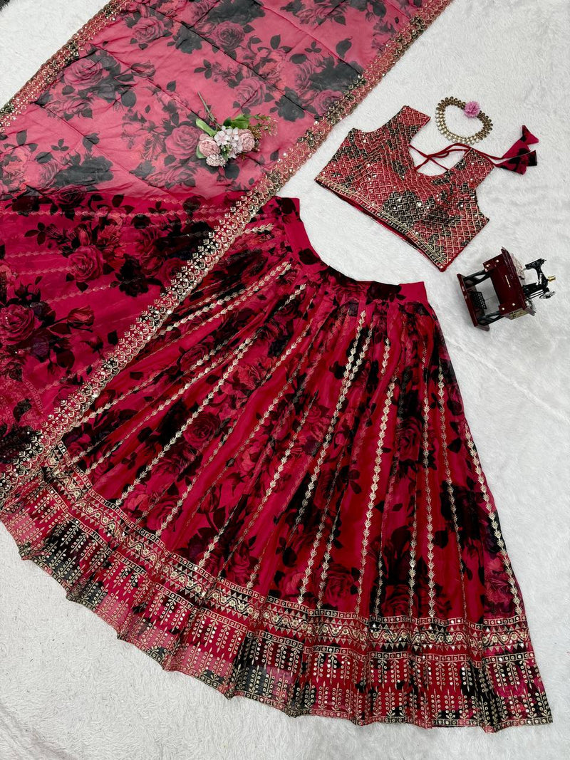 Red Color  with Digital Printed Thread with Sequins Work Lehenga Choli