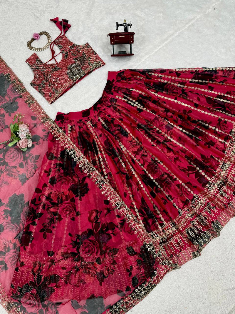 Red Color  with Digital Printed Thread with Sequins Work Lehenga Choli