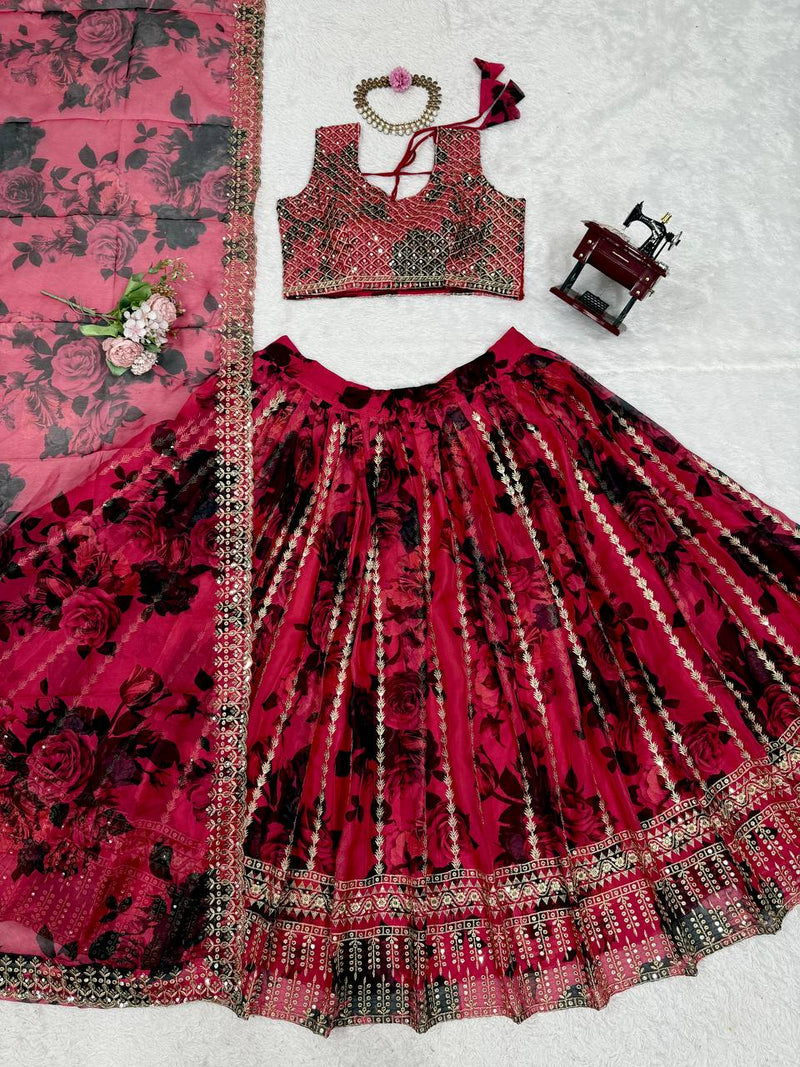 Red Color  with Digital Printed Thread with Sequins Work Lehenga Choli