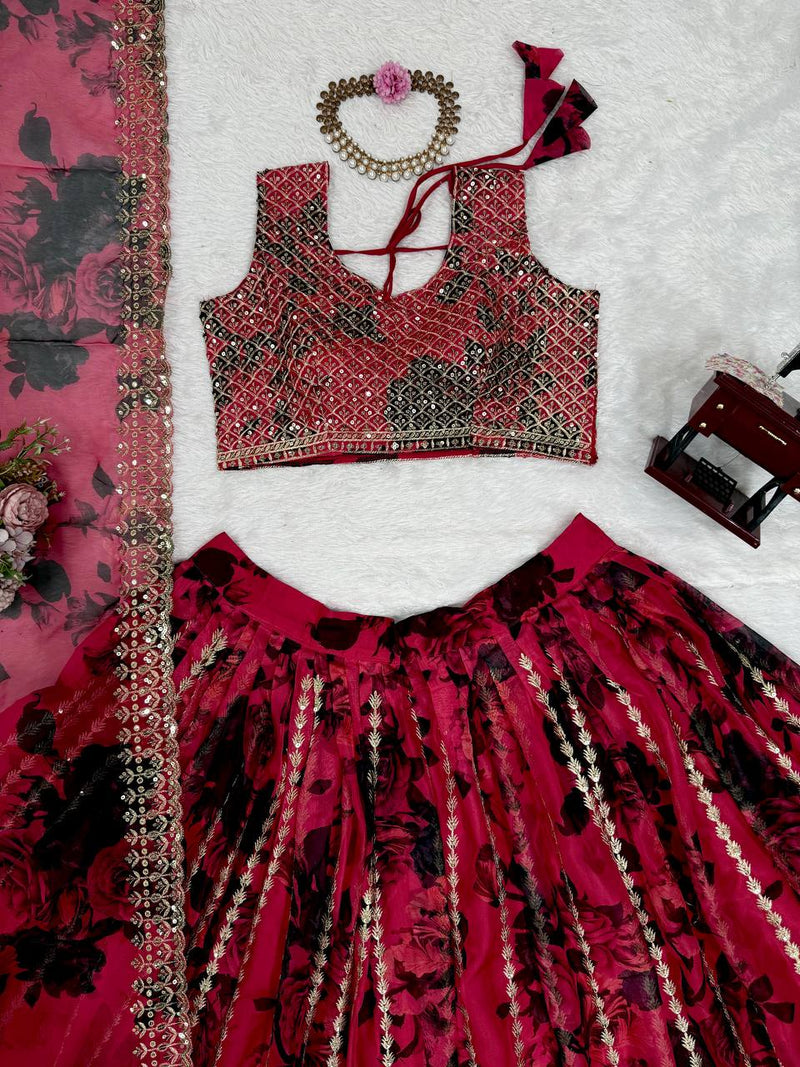 Red Color  with Digital Printed Thread with Sequins Work Lehenga Choli