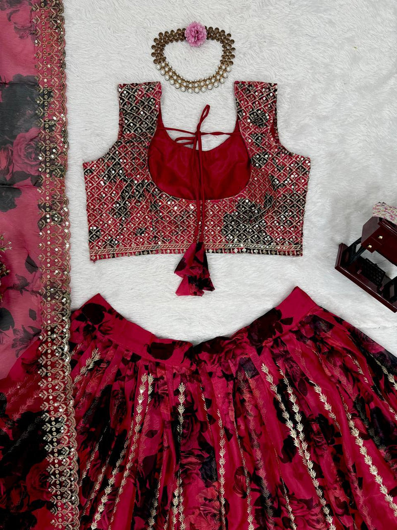 Red Color  with Digital Printed Thread with Sequins Work Lehenga Choli