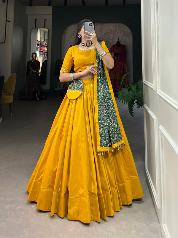 Yellow Color Pure Cotton Mirror Work Designer Navratri Lehenga Choli
