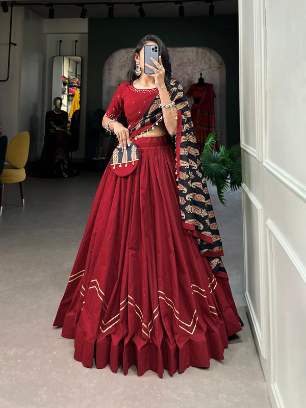 Red Color Pure Cotton Mirror Work Navratri Lehenga Choli