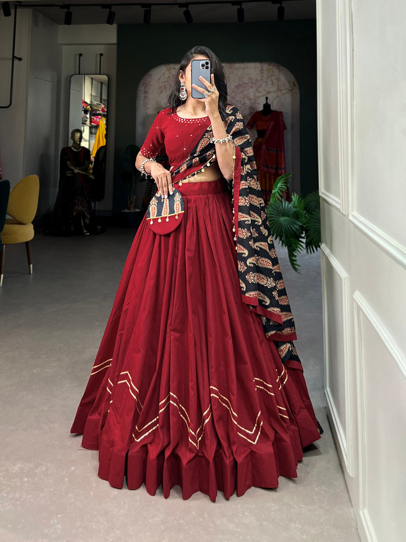 Red Color Pure Cotton Mirror Work Navratri Lehenga Choli