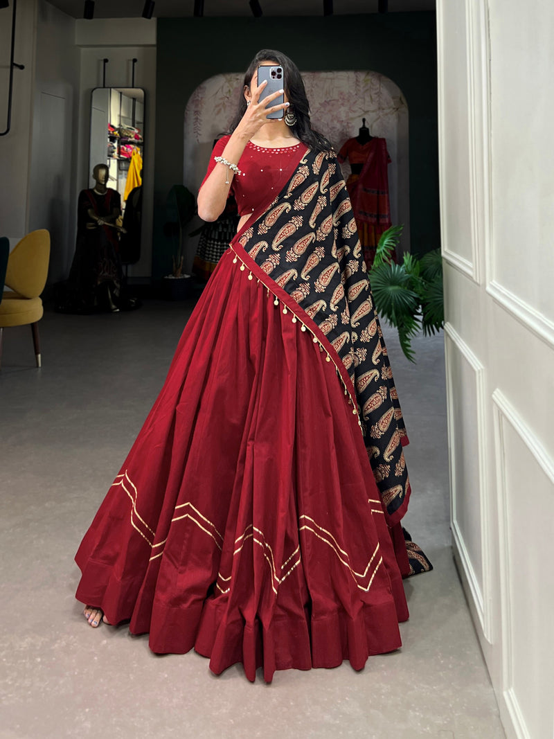 Red Color Pure Cotton Mirror Work Navratri Lehenga Choli